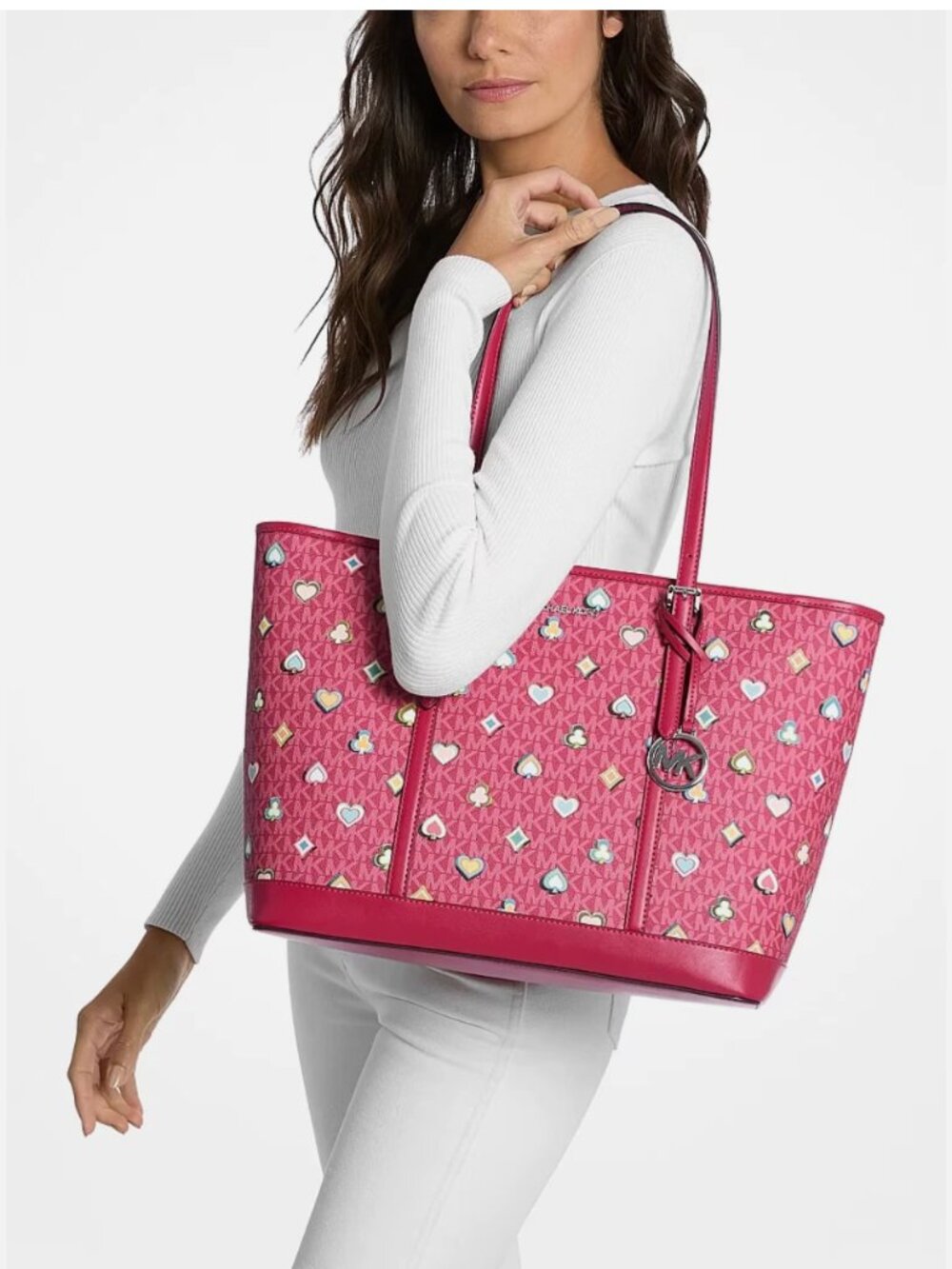 New Michael Kors Jet Set Travel Large Signature Logo Tote Bag Dark Raspberry